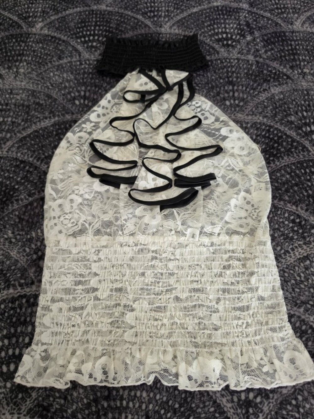 TRAC White Lace Halter High Neck Blouse Black Ruffle Accent S/Chico - Picture 12 of 12